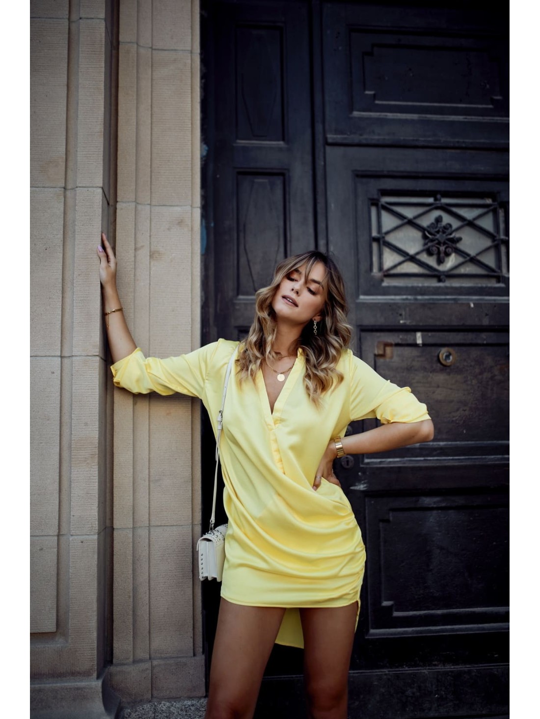 Yellow shirt dress with ruffles FG641 - Online store - Boutique